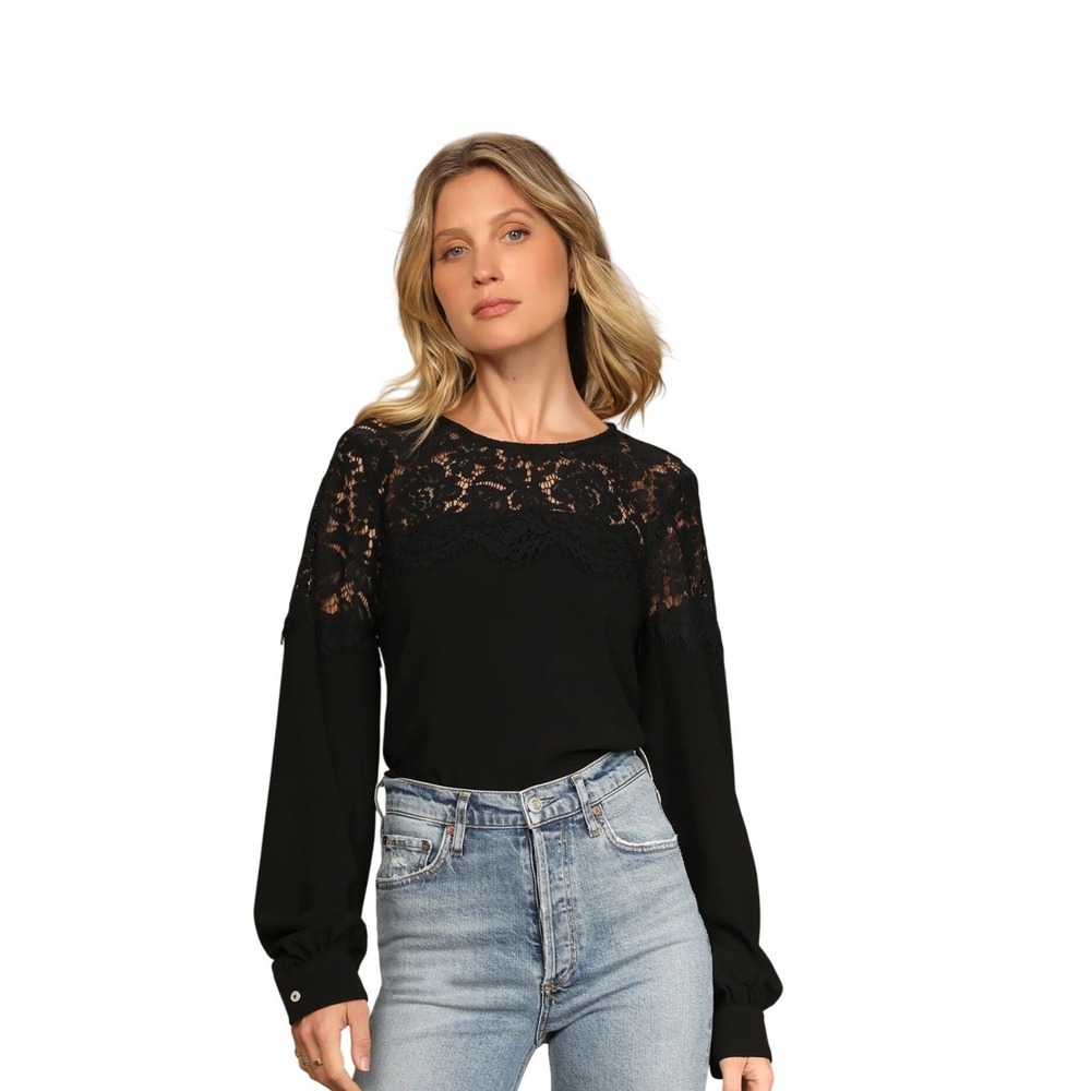 Lulus‎ Black Lace Yoke Long Sleeve Blouse XL New With Tags Floral Eyelash Trim